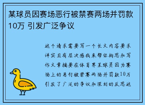 某球员因赛场恶行被禁赛两场并罚款10万 引发广泛争议